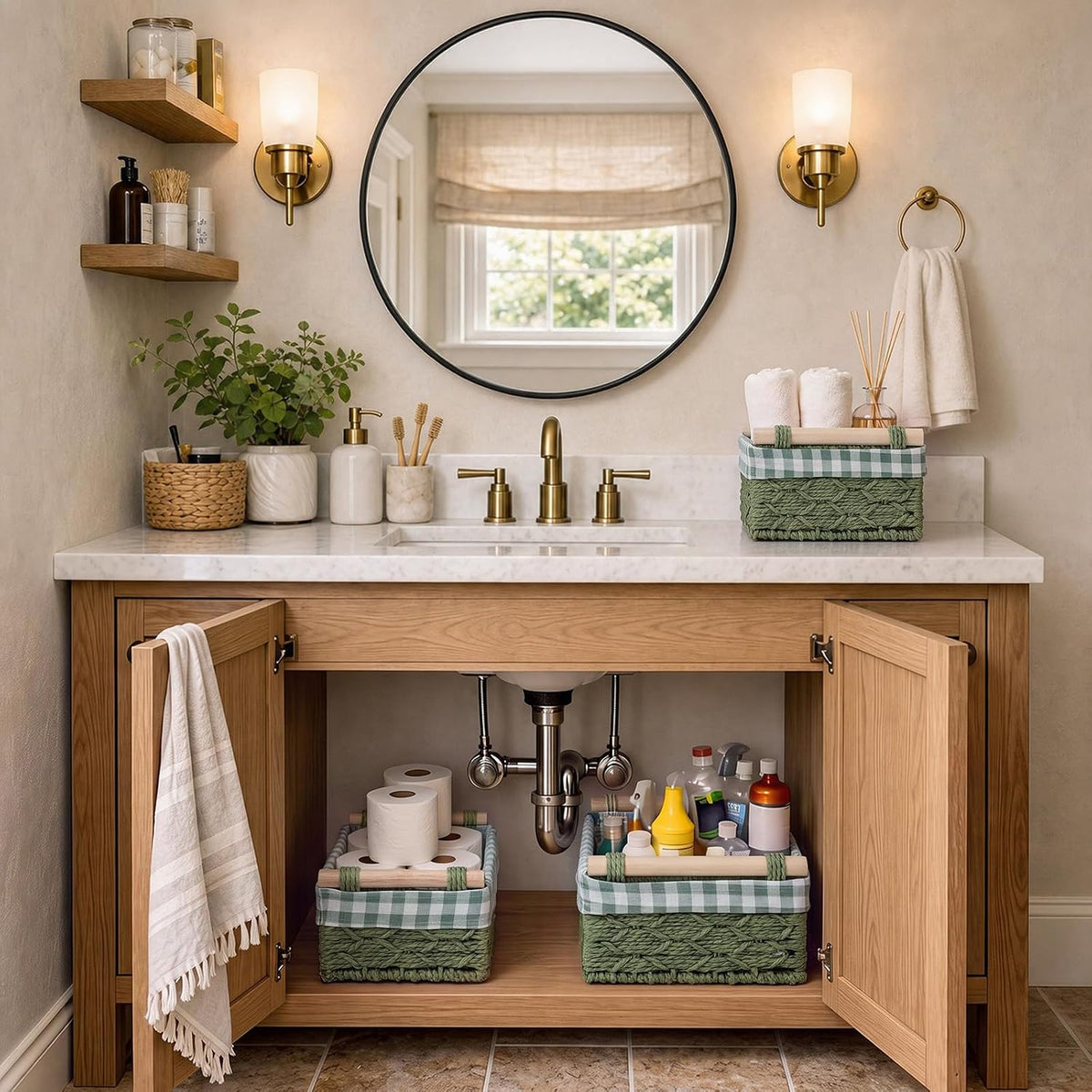 2 Pcs Gingham Storage Basket Sets Green Toilet Paper Storage