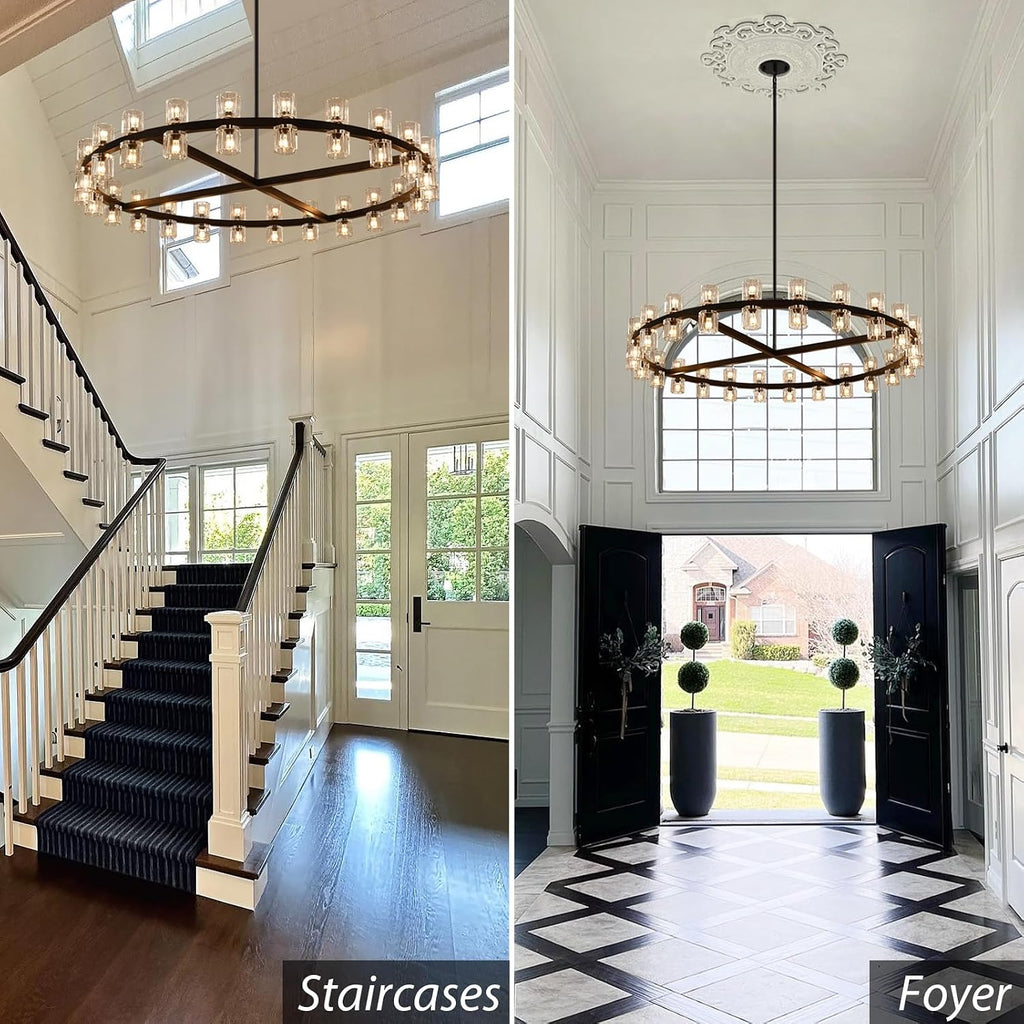 48 inch Black Round Chandeliers Light Fixture, Crystal Chandeliers for Dining Room, Living Room Chandelier, Wagon Wheel Chandelier Over Table, Suitable for Bedroom,Foyer,Includes Bulb