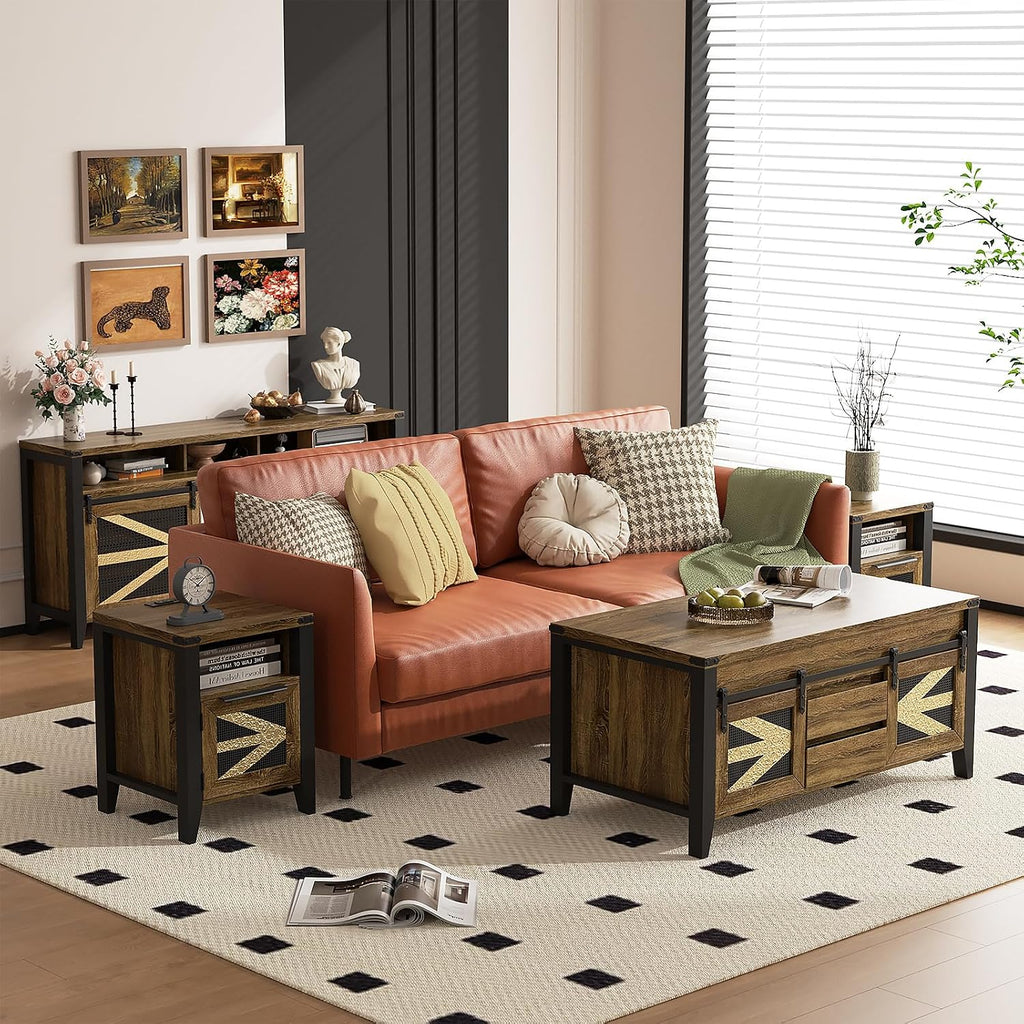 Farmhouse End Table with Charging Station, 18.1" Narrow Side Table for Living Room, Sofa End Table with Storage Cabinet & Open Shelf, Nightstand with 2 USB Ports and 2 AC Outlets