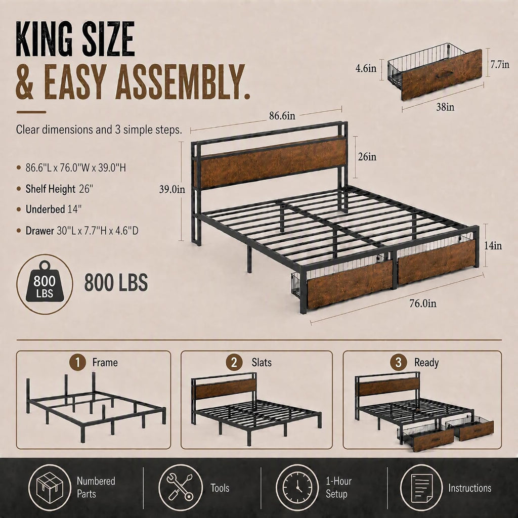 Metal Platform Bed Frame King Size with Wood Headboard and Footboard & USB Charging Station and Smart LED Lights (King)