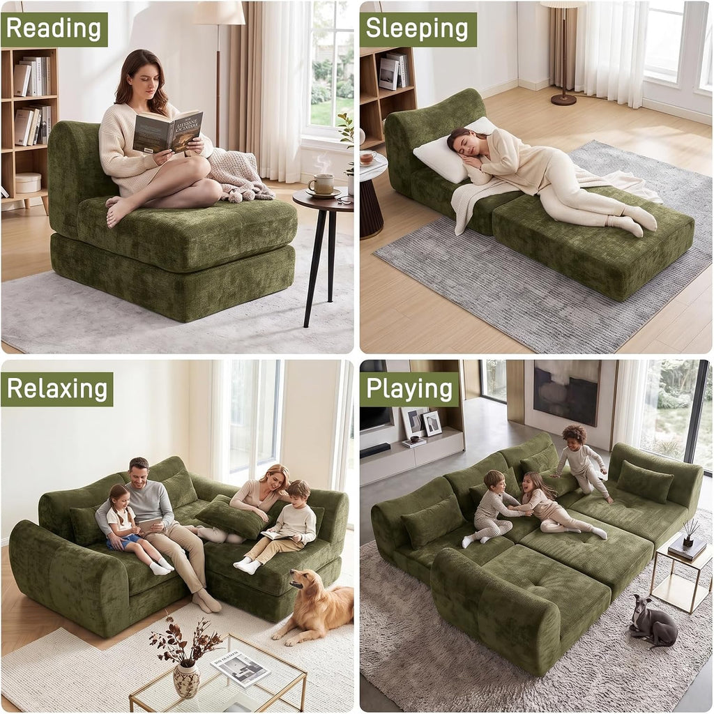 102" Modular Sectional Boneless Couch, Convertible Cloud Sofa Bed with Upholstered Deep Seat, Soft Deep Lounger for Living Room Playroom (Green)