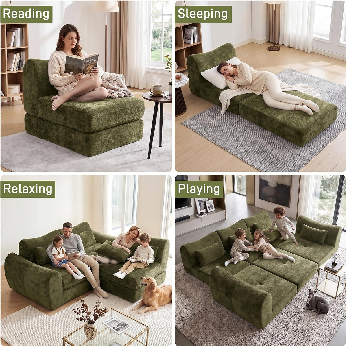 102" Modular Sectional Boneless Couch, Convertible Cloud Sofa Bed with Upholstered Deep Seat, Soft Deep Lounger for Living Room Playroom (Green)