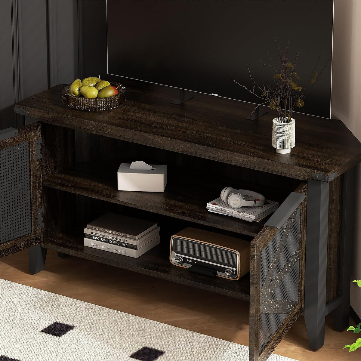 Farmhouse Corner TV Stand for 50 Inch TV, Rustic Entertainment Center with Storage, Space-Saving Media Console Table for Living Room & Bedroom