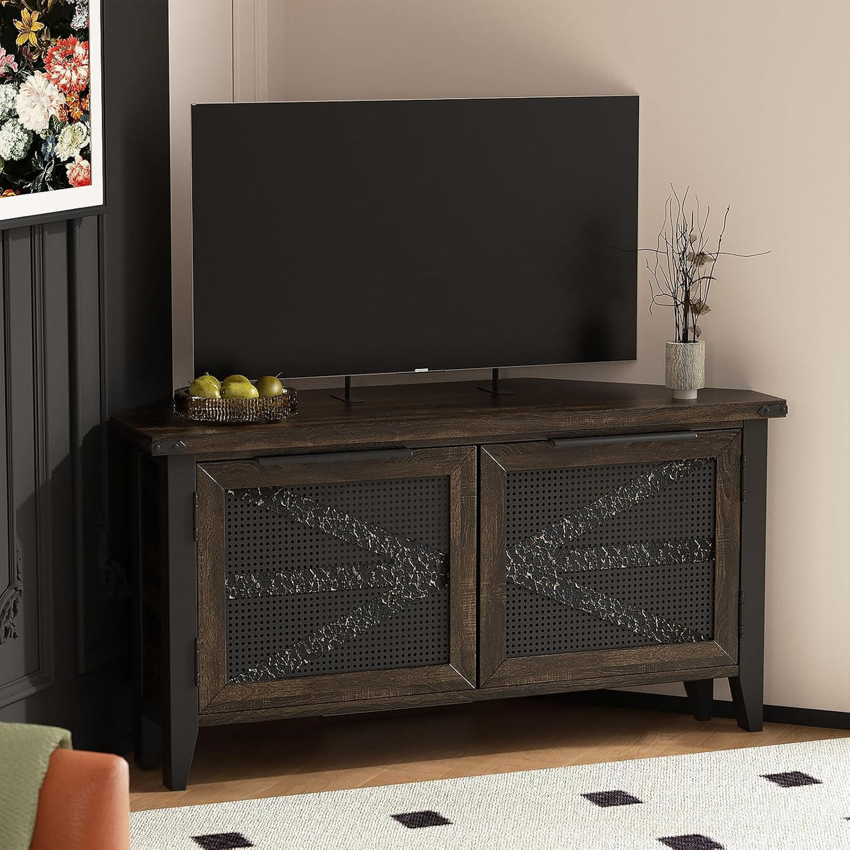 Farmhouse Corner TV Stand for 50 Inch TV, Rustic Entertainment Center with Storage, Space-Saving Media Console Table for Living Room & Bedroom