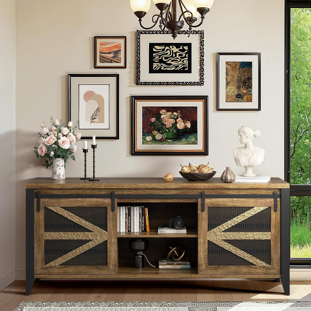 60 Inch TV Stand for TVs up to 65", Rustic Farmhouse Media Console with Sliding Barn Doors, 6 Drawers, Entertainment Center for Living Room