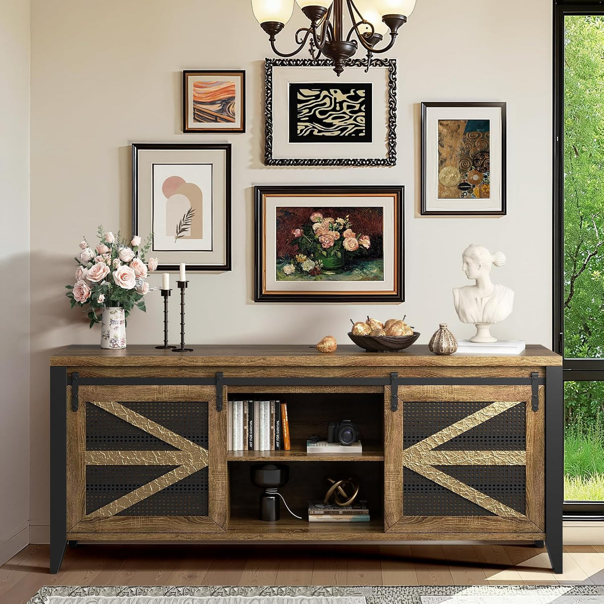60 Inch TV Stand for TVs up to 65", Rustic Farmhouse Media Console with Sliding Barn Doors, 6 Drawers, Entertainment Center for Living Room