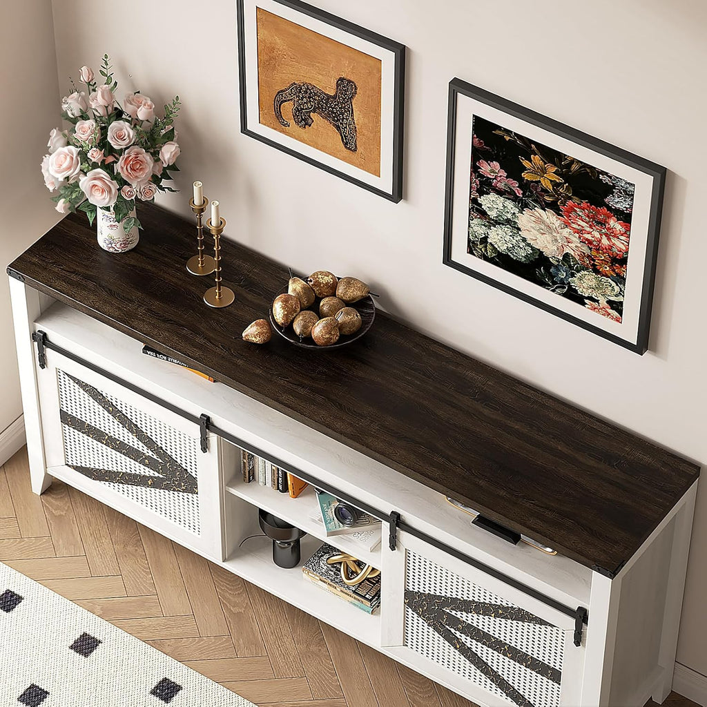 70 Inch TV Stand for TVs up to 70", Rustic Farmhouse Media Console with Sliding Barn Doors, 6 Drawers, Entertainment Center for Living Room