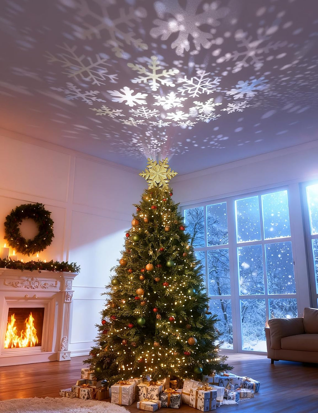 Direct Christmas Tree Topper with Rotating Snowflake Projector, Gold