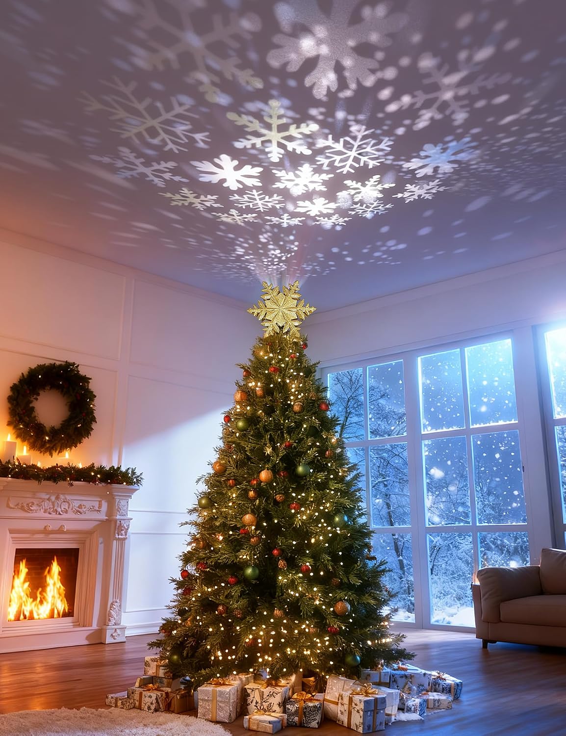 Direct Christmas Tree Topper with Rotating Snowflake Projector, Gold