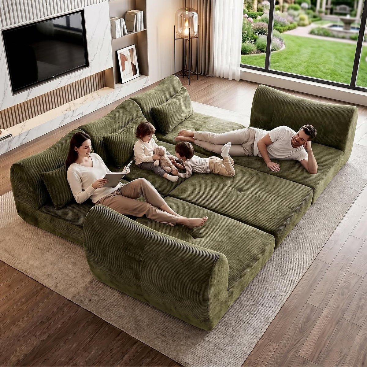 102" Modular Sectional Boneless Couch, Convertible Cloud Sofa Bed with Upholstered Deep Seat, Soft Deep Lounger for Living Room Playroom (Green)