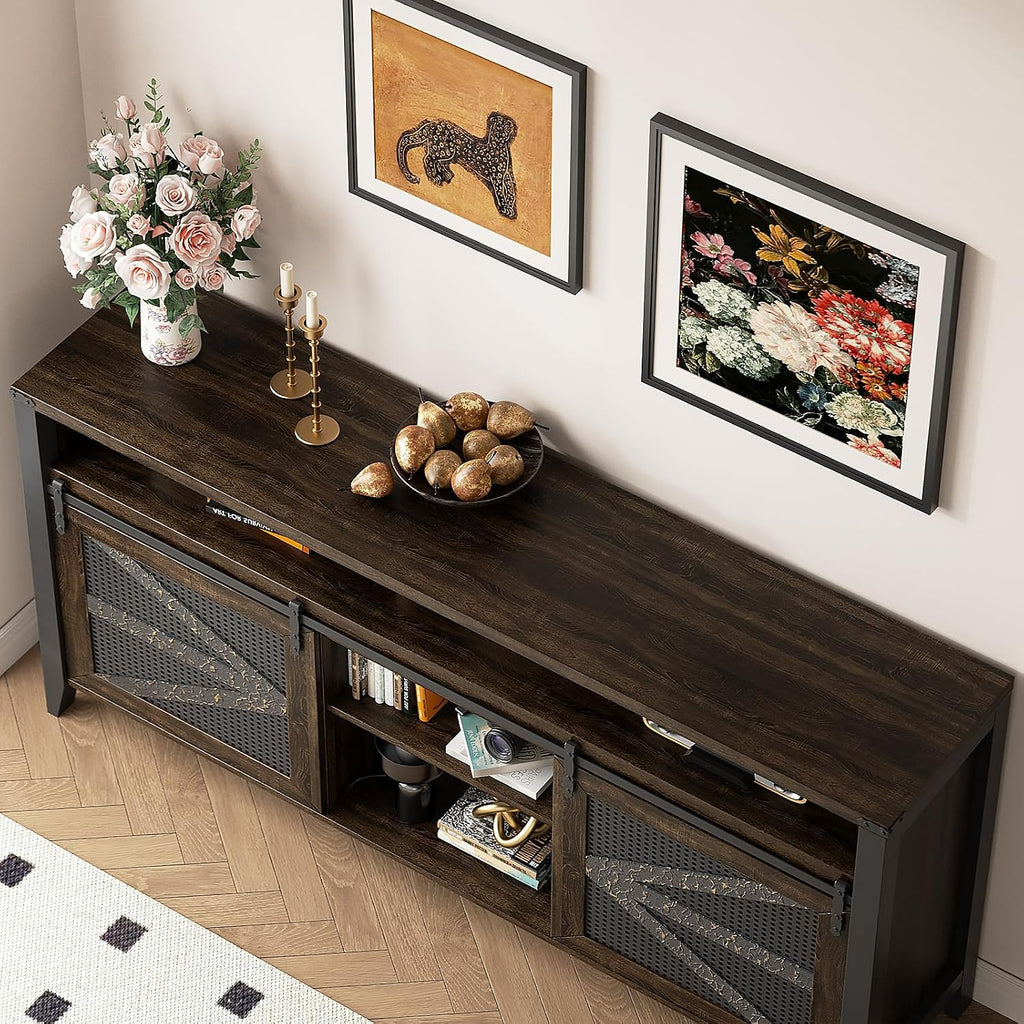 70 Inch TV Stand for TVs up to 70", Rustic Farmhouse Media Console with Sliding Barn Doors, 6 Drawers, Entertainment Center for Living Room