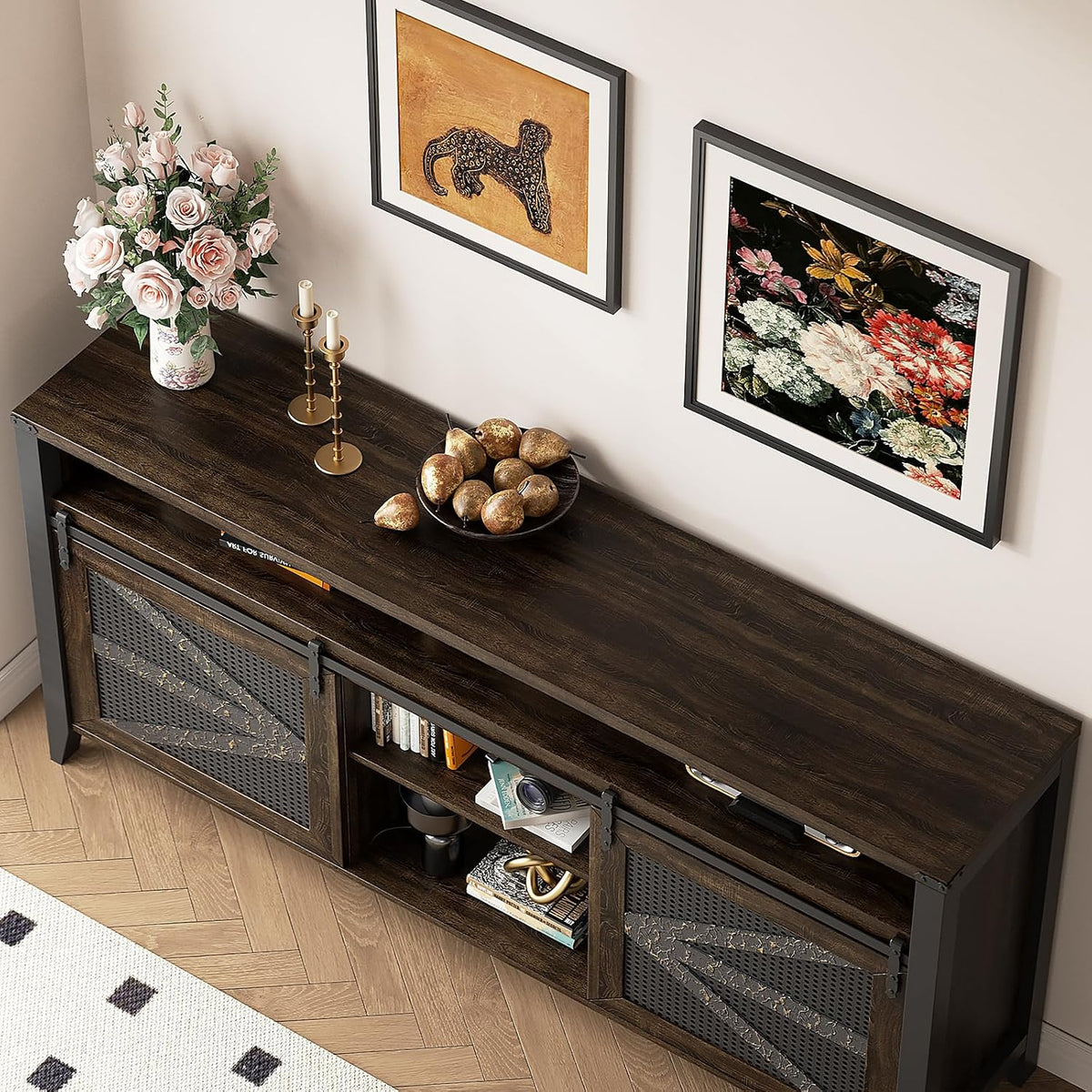 70 Inch TV Stand for TVs up to 70", Rustic Farmhouse Media Console with Sliding Barn Doors, 6 Drawers, Entertainment Center for Living Room
