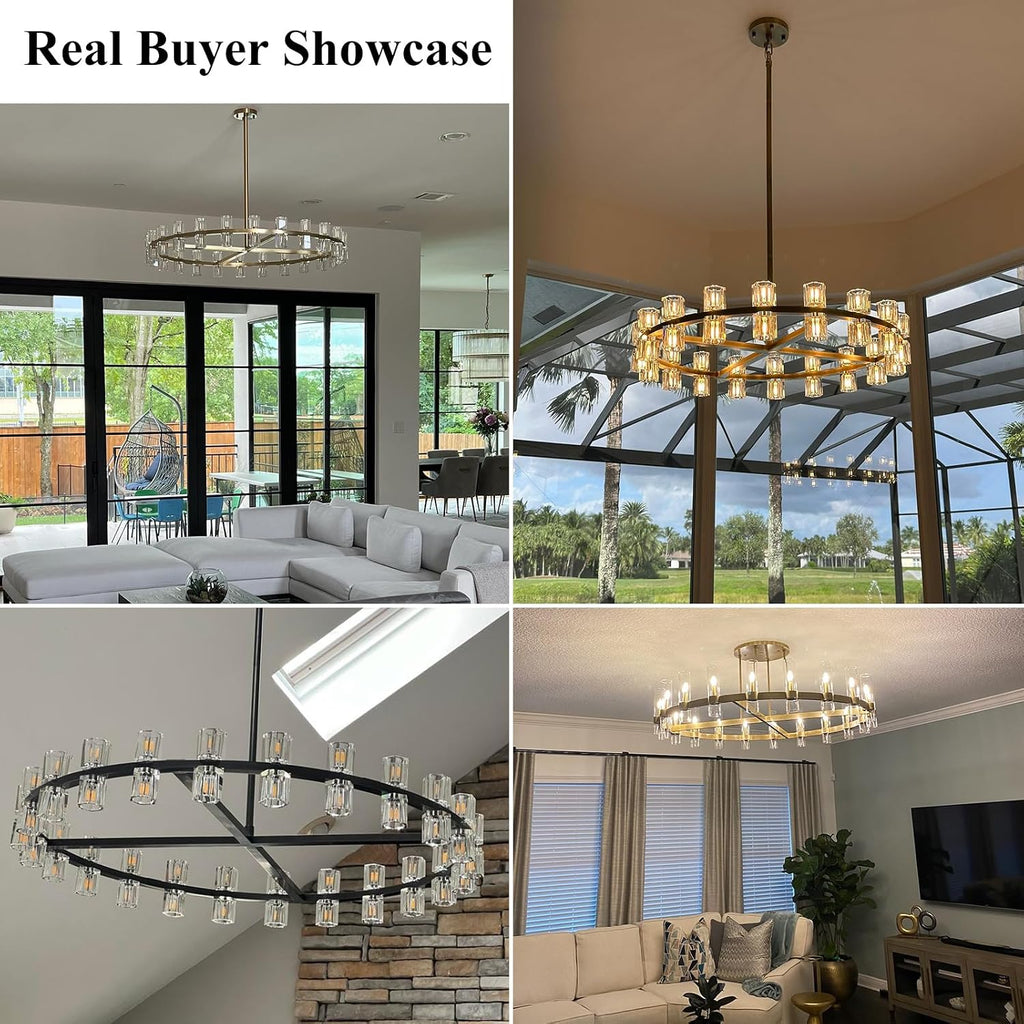 48 inch Black Round Chandeliers Light Fixture, Crystal Chandeliers for Dining Room, Living Room Chandelier, Wagon Wheel Chandelier Over Table, Suitable for Bedroom,Foyer,Includes Bulb