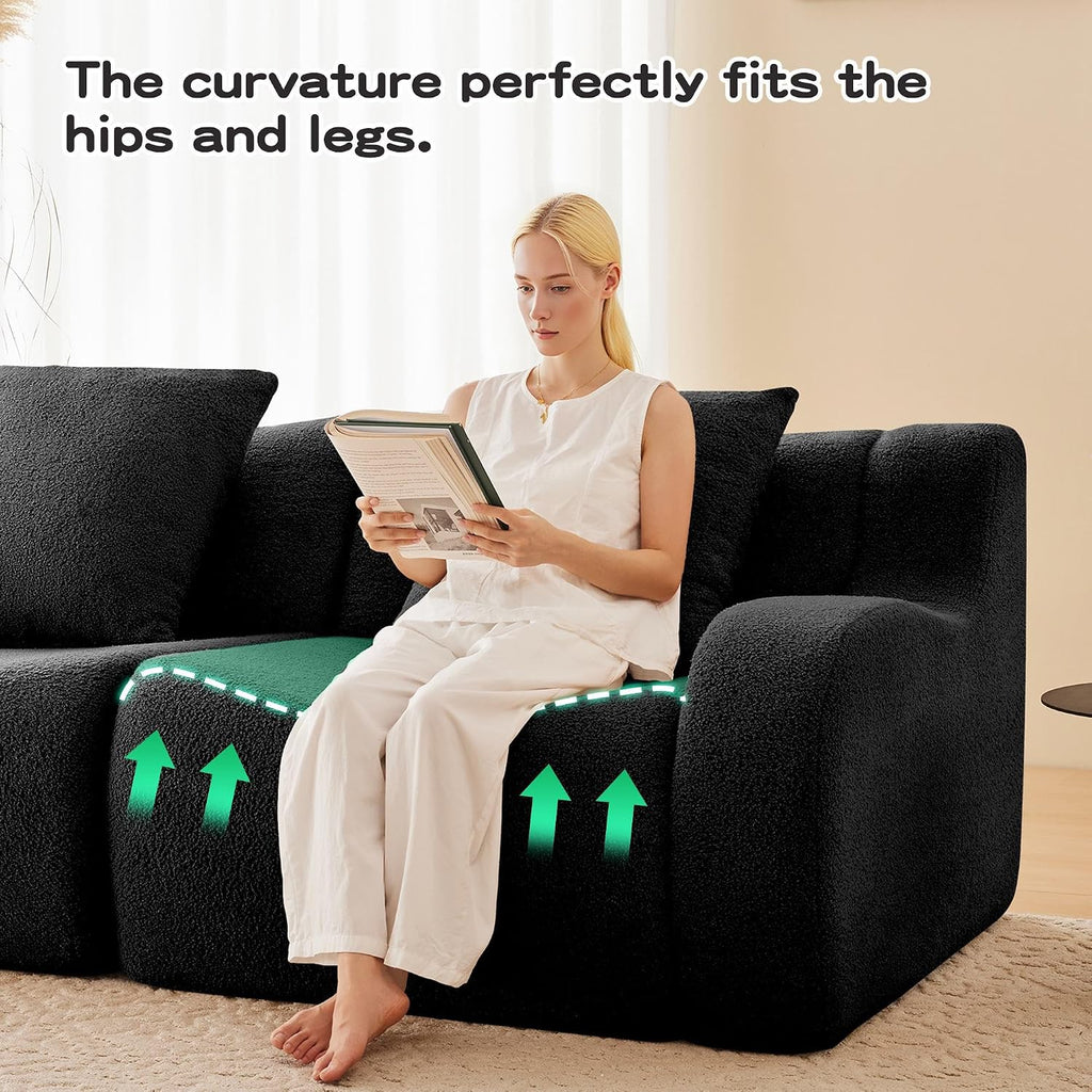 Soft Teddy Fabric Boneless Sofa Fluffy Comfortable Couch 32D High-Density Sponge Streamlined Design Non-Slip Base No Assembly for Living Room or Bedroom, Black