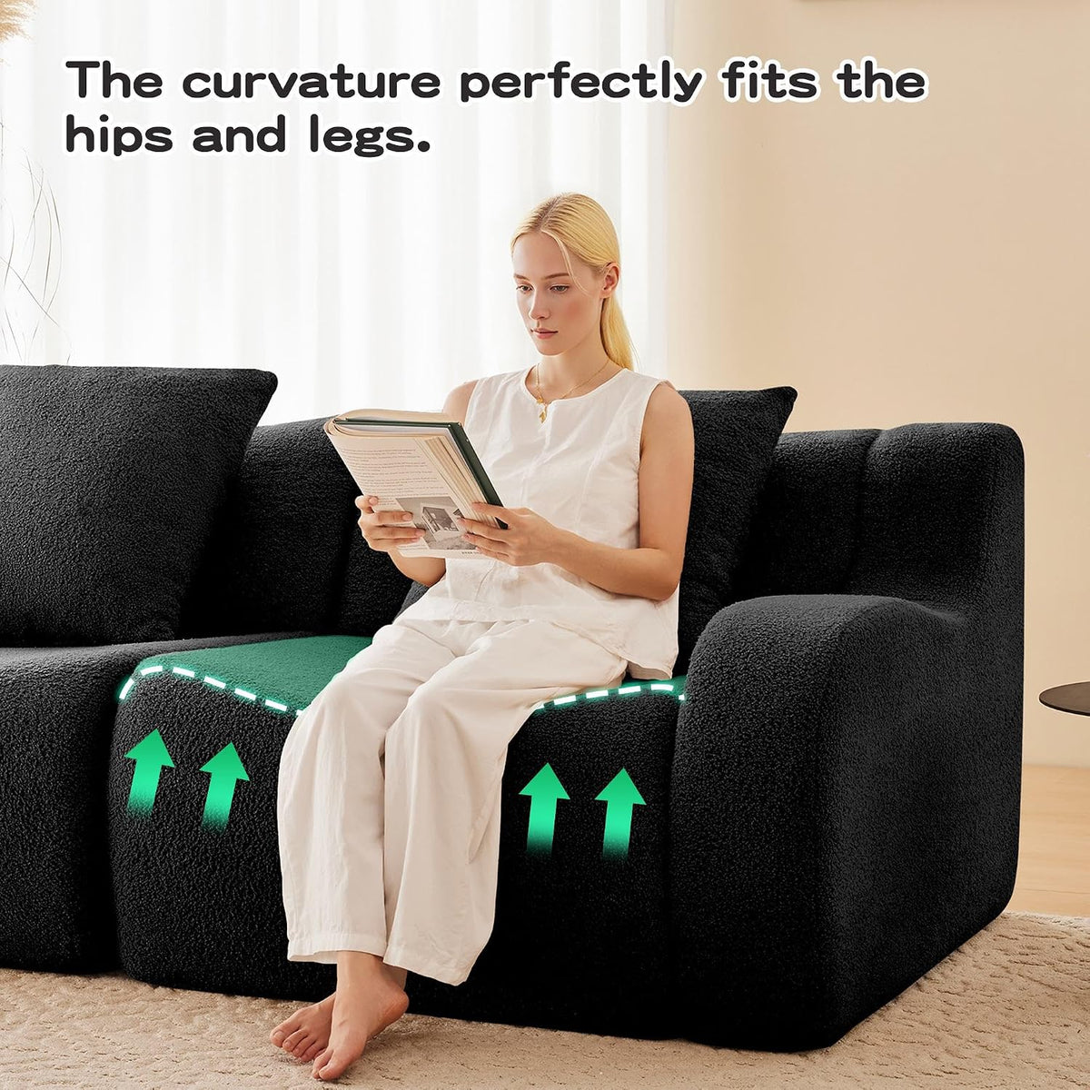 Soft Teddy Fabric Boneless Sofa Fluffy Comfortable Couch 32D High-Density Sponge Streamlined Design Non-Slip Base No Assembly for Living Room or Bedroom, Black
