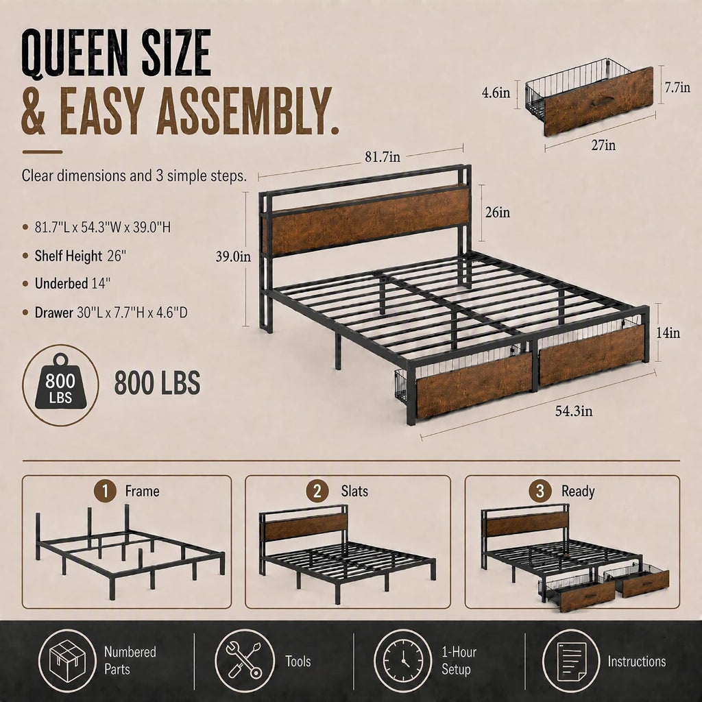 Metal Platform Bed Frame Queen Size with Wood Headboard and Footboard & USB Charging Station and Smart LED Lights (Queen)