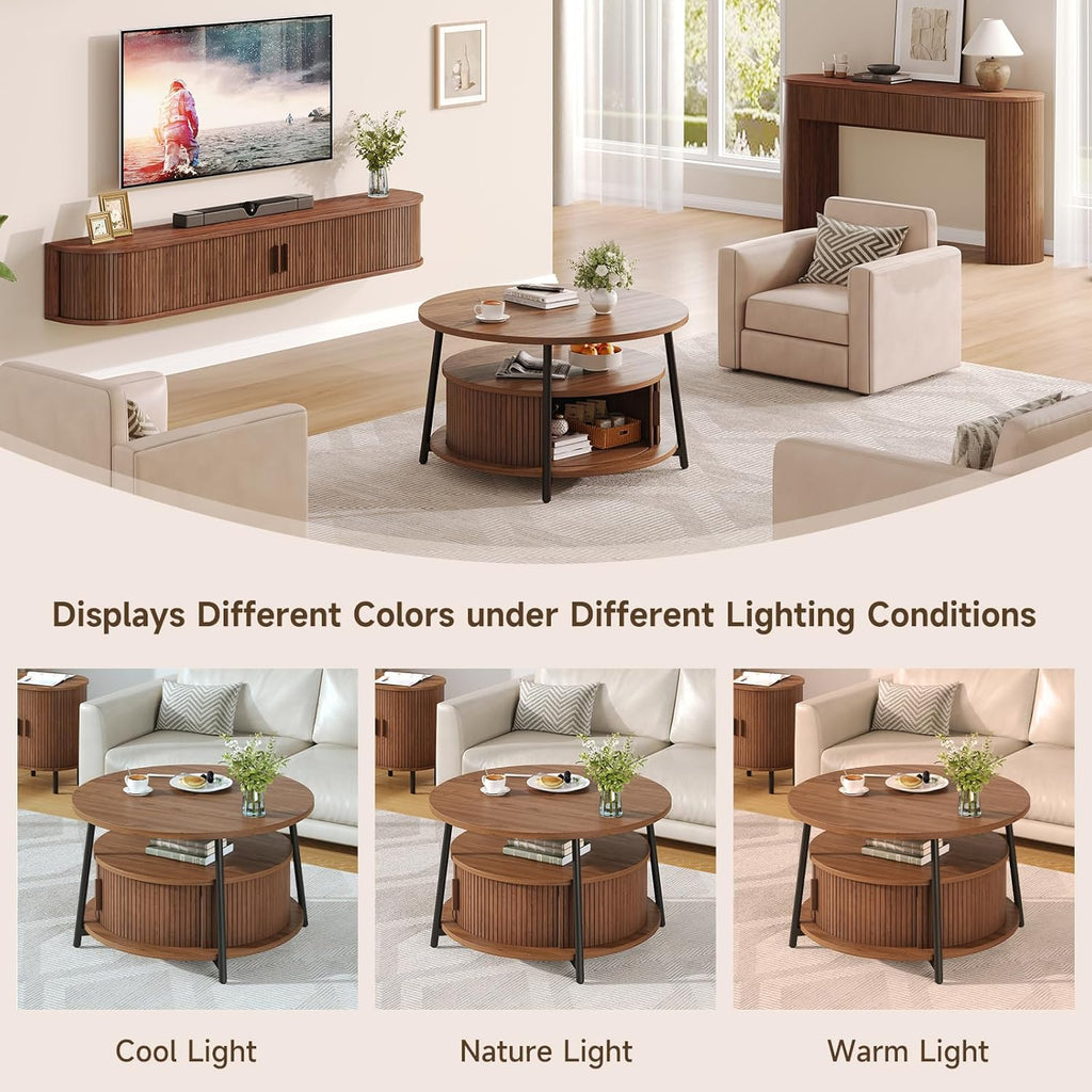 31.5 Inch Round Coffee Table with Storage, Fluted Coffee Tables with 2 Tiers