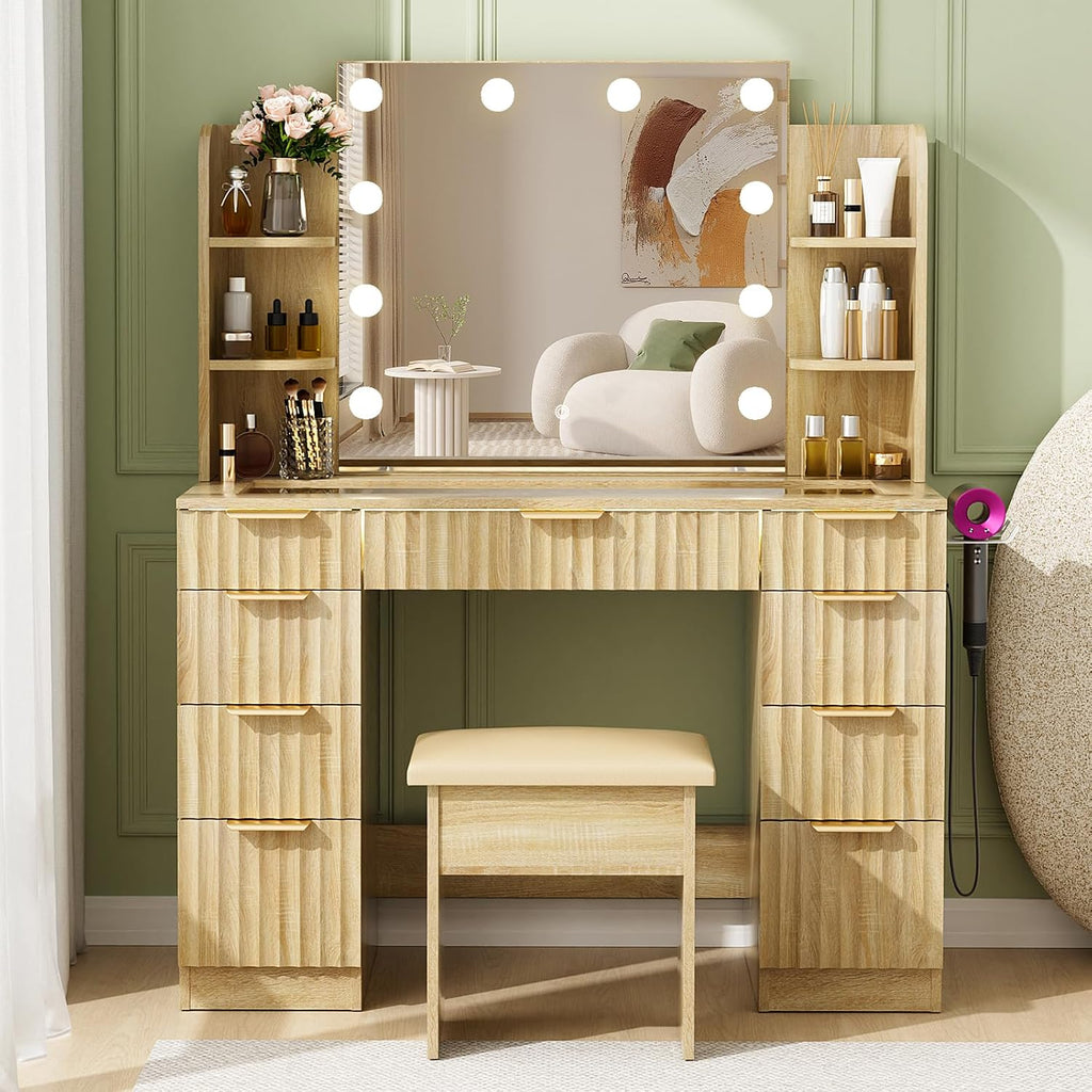 VOWNER Fluted Vanity with Mirror and Lights, 43" Glass Top Makeup Vanity Desk
