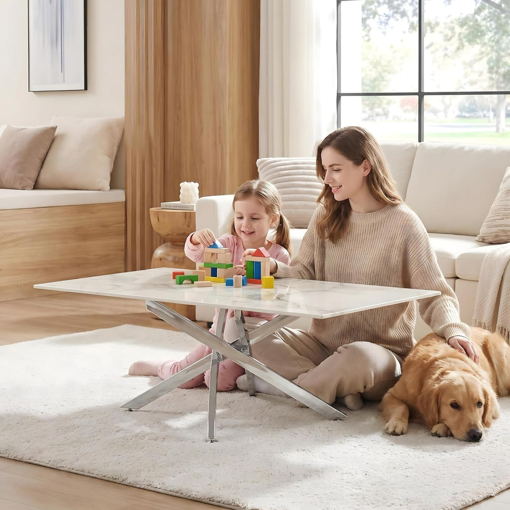 Modern Coffee Table with Marble Grain Top，White Coffee Tables with Silver Legs,Living Room Rectangular Glass Center Tables