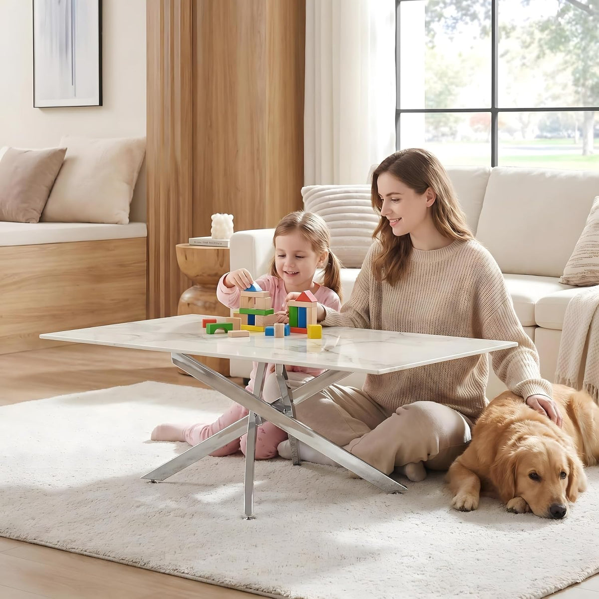Modern Coffee Table with Marble Grain Top，White Coffee Tables with Silver Legs,Living Room Rectangular Glass Center Tables