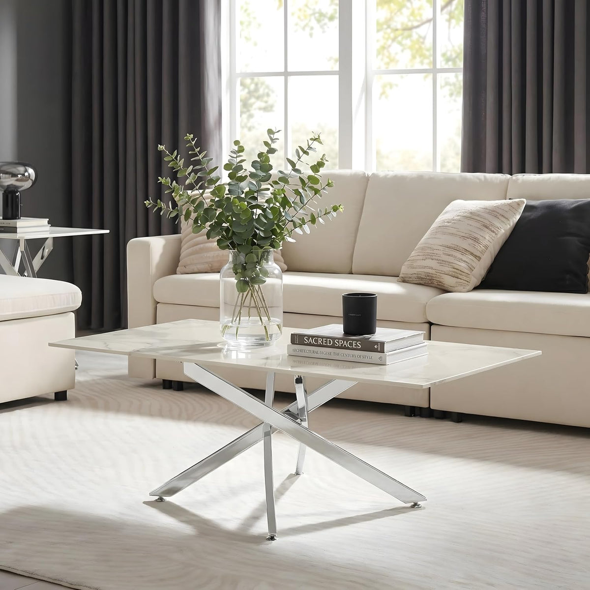 Modern Coffee Table with Marble Grain Top，White Coffee Tables with Silver Legs,Living Room Rectangular Glass Center Tables