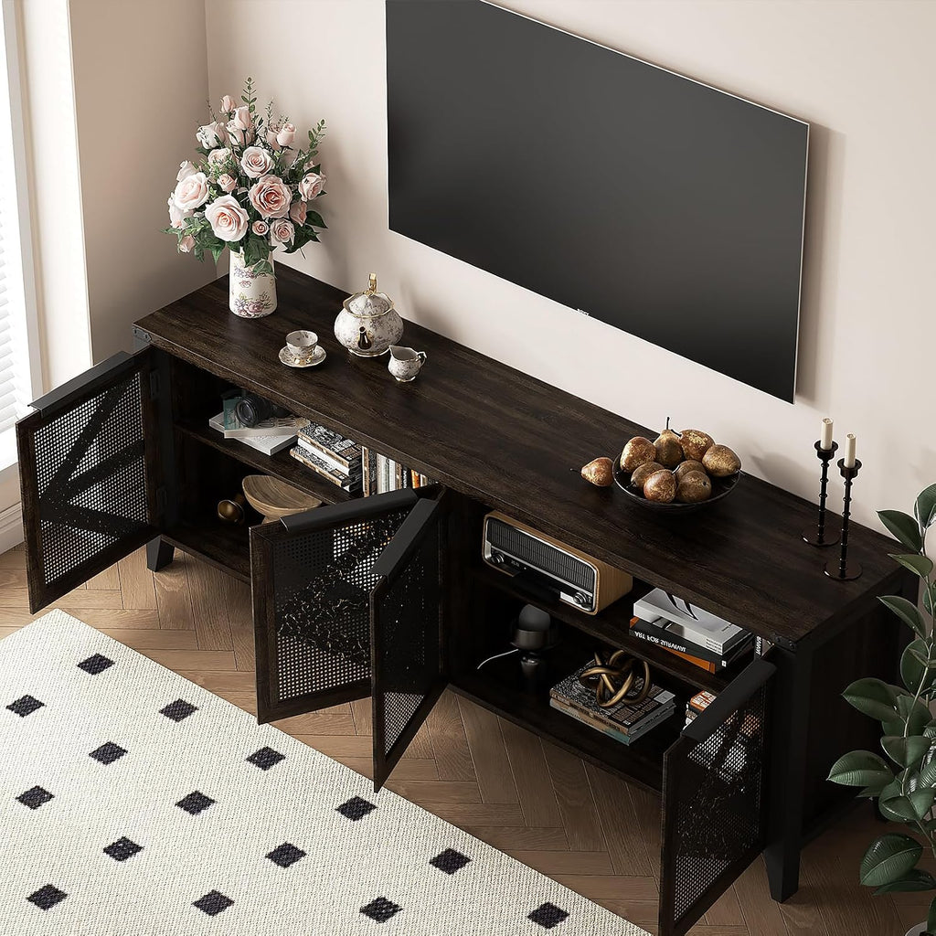 70 Inch Farmhouse TV Stand for 75 Inch TV, Rustic Entertainment Center with 4 Doors, Wood Media Console Cabinet with Storage, Living Room