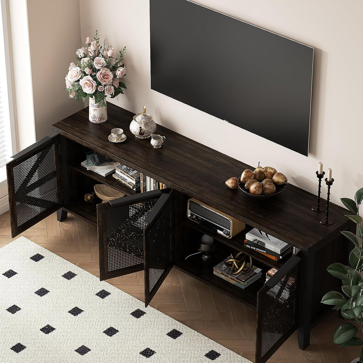 70 Inch Farmhouse TV Stand for 75 Inch TV, Rustic Entertainment Center with 4 Doors, Wood Media Console Cabinet with Storage, Living Room