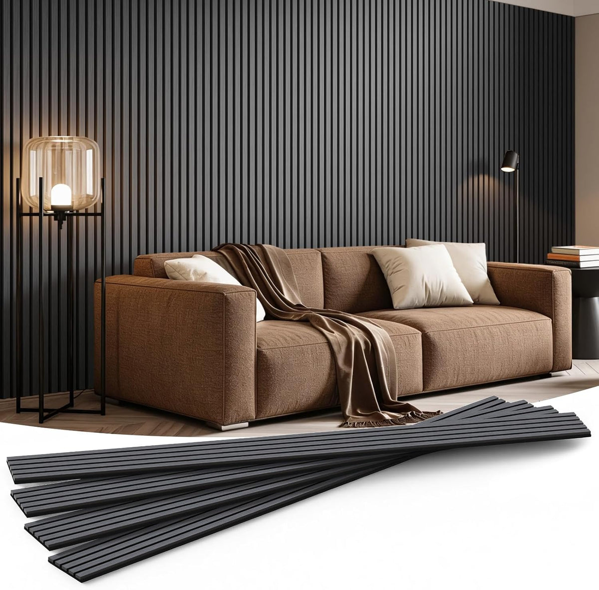 Soundproof Wood Slat Wall Panels, 4 Pack 94.5" x 7.9", Black
