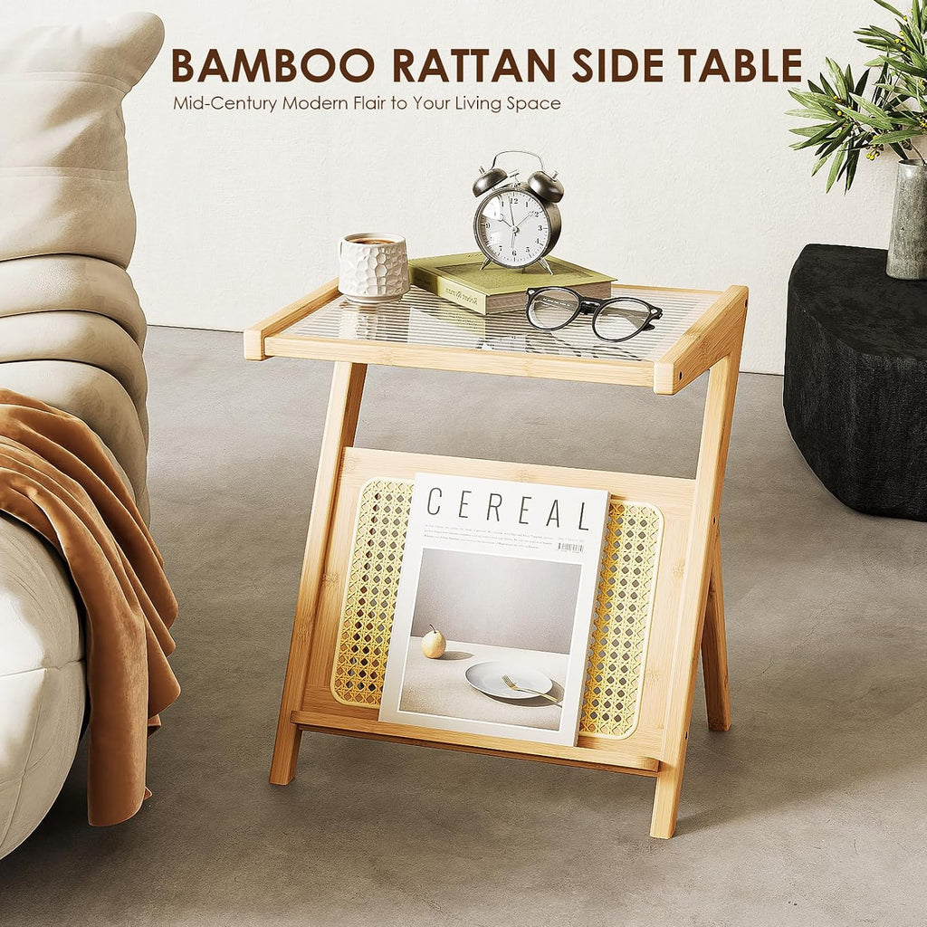 Rattan Side Table Boho Nightstand with Storage Shelf