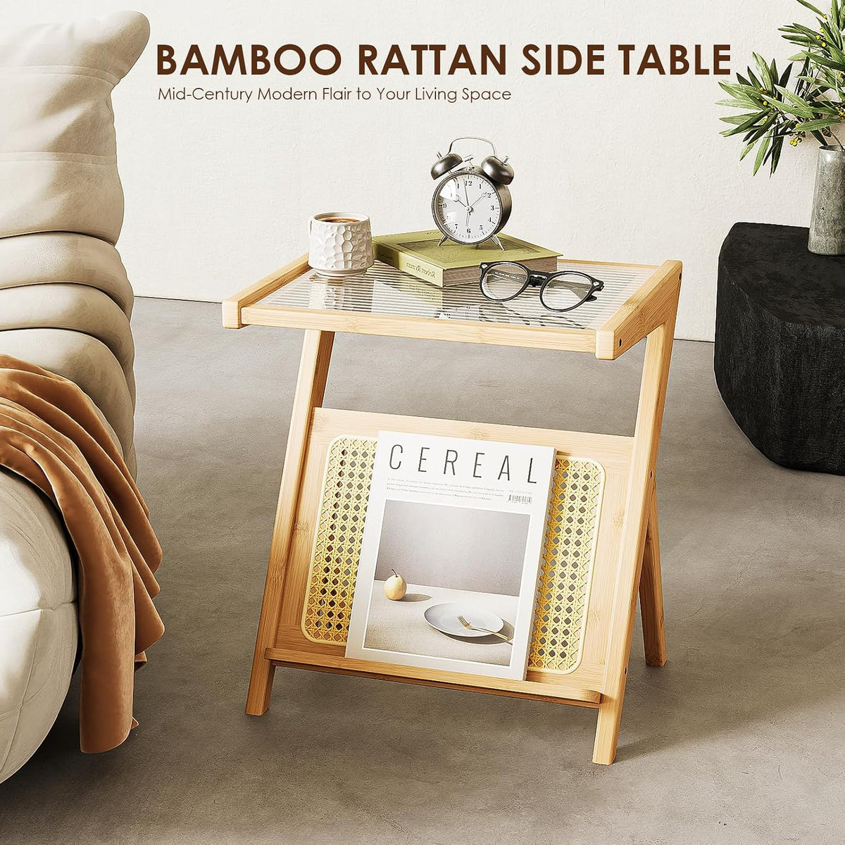Rattan Side Table Boho Nightstand with Storage Shelf