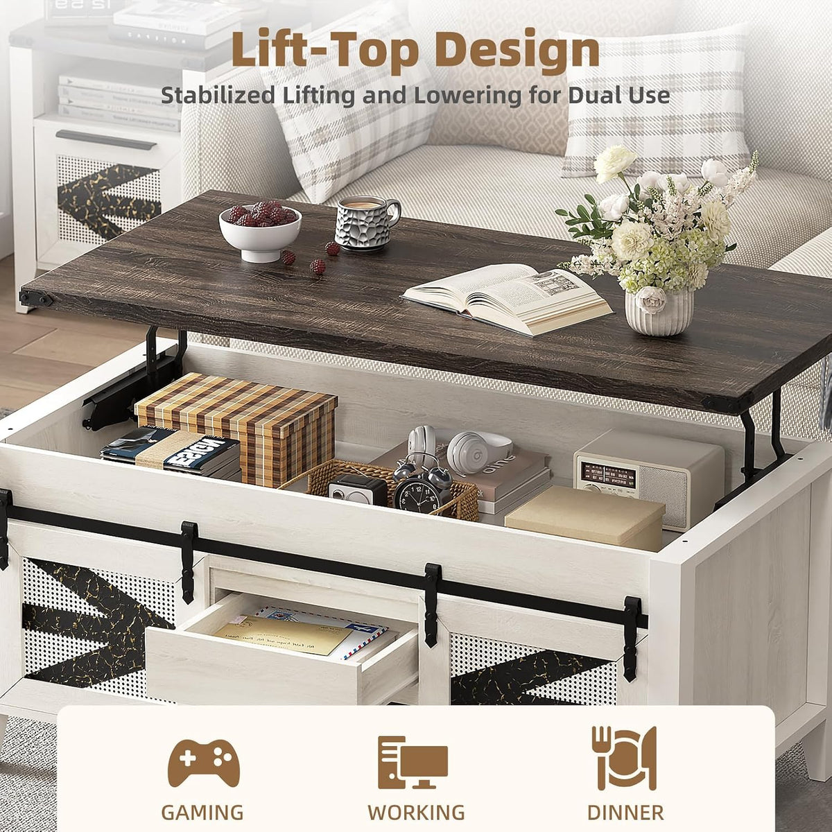 47.2" Lift Top Coffee Table with Hidden Compartment, Storage Drawers & Sliding Barn Doors, Farmhouse Rectangle Coffee Table for Living Room, Rustic Brown & White