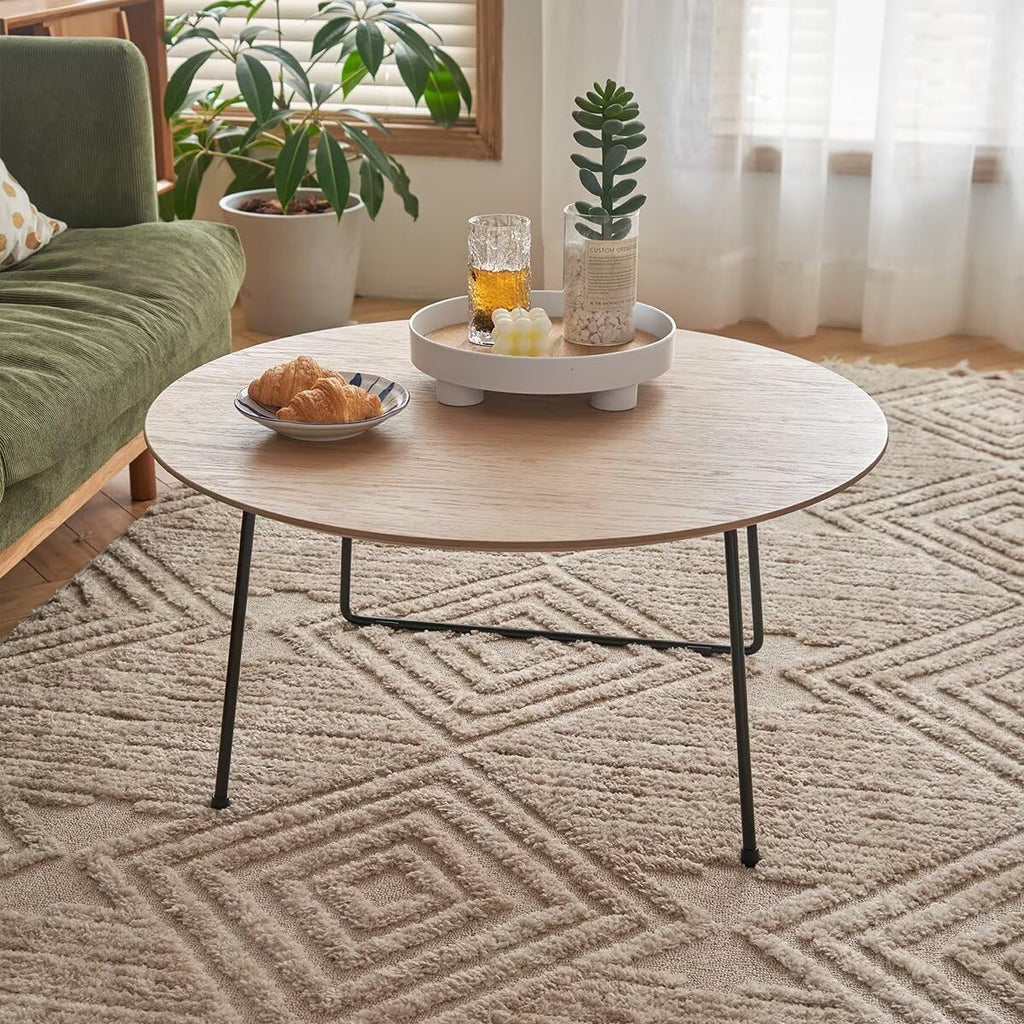 Round Wood Top Coffee Table with Black Metal Hairpin Legs, Minimalist Modern Cocktail Side Table, Small Space Living Room Accent Center Table