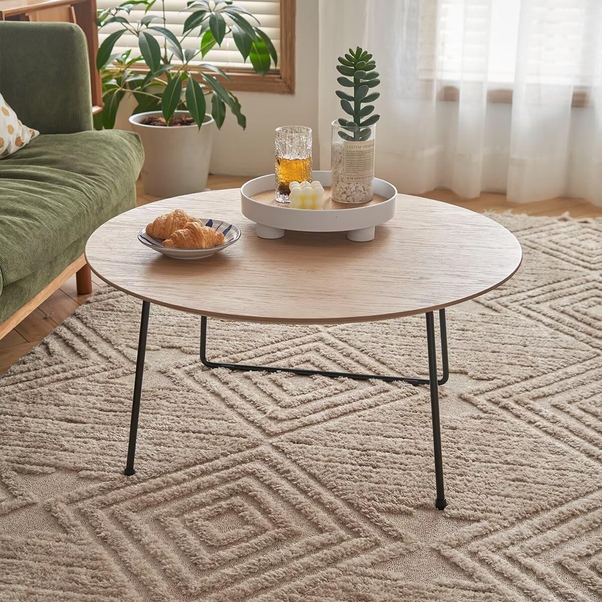 Round Wood Top Coffee Table with Black Metal Hairpin Legs, Minimalist Modern Cocktail Side Table, Small Space Living Room Accent Center Table