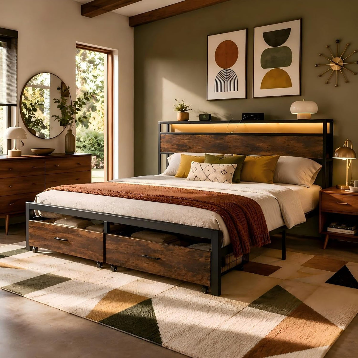 Metal Platform Bed Frame Queen Size with Wood Headboard and Footboard & USB Charging Station and Smart LED Lights (Queen)