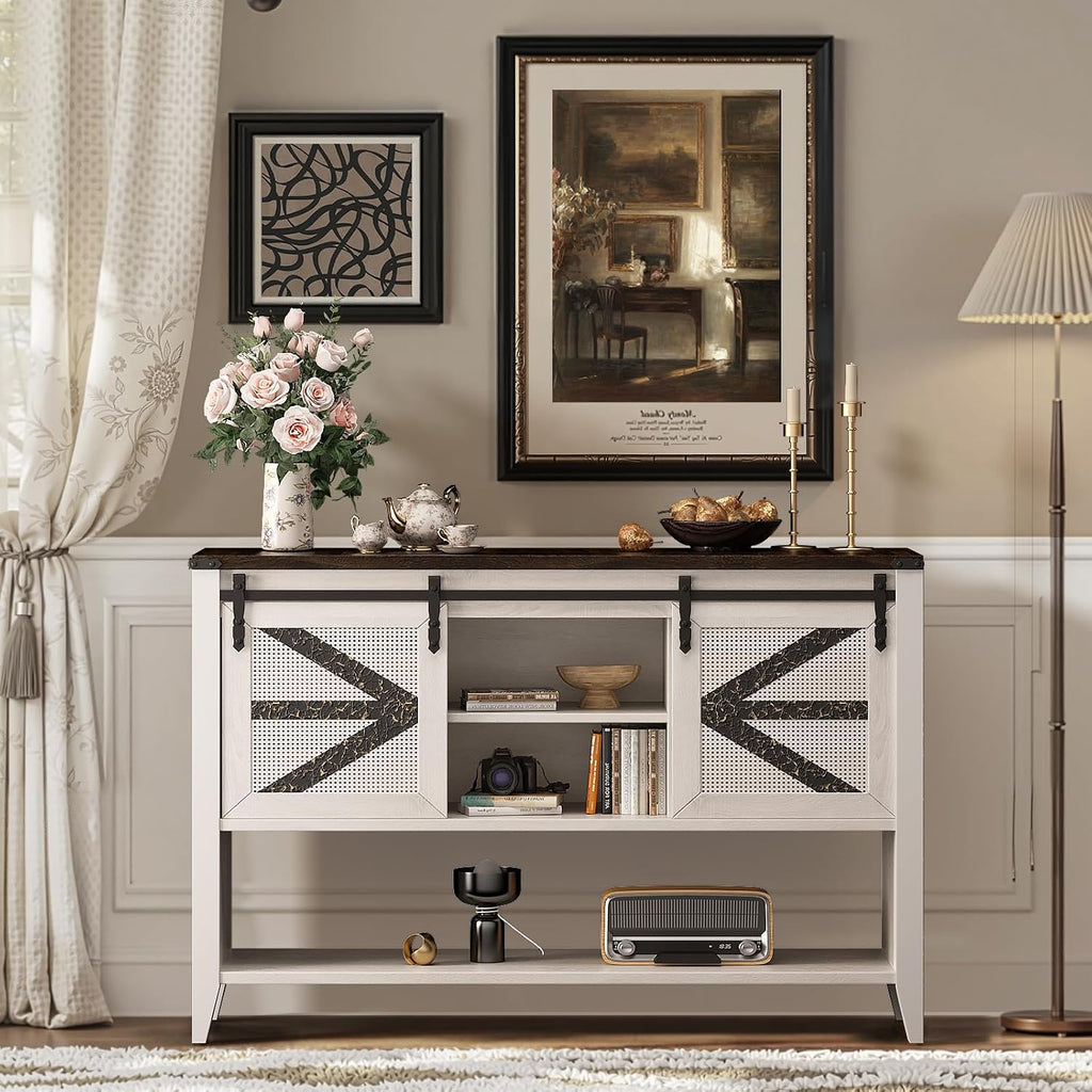 47.2" Farmhouse Console Table with Storage Drawers & Sliding Barn Doors, Hidden Compartment Narrow Rectangle Sofa Table Rustic Entryway Table for Living Room, Hallway, Behind Sofa