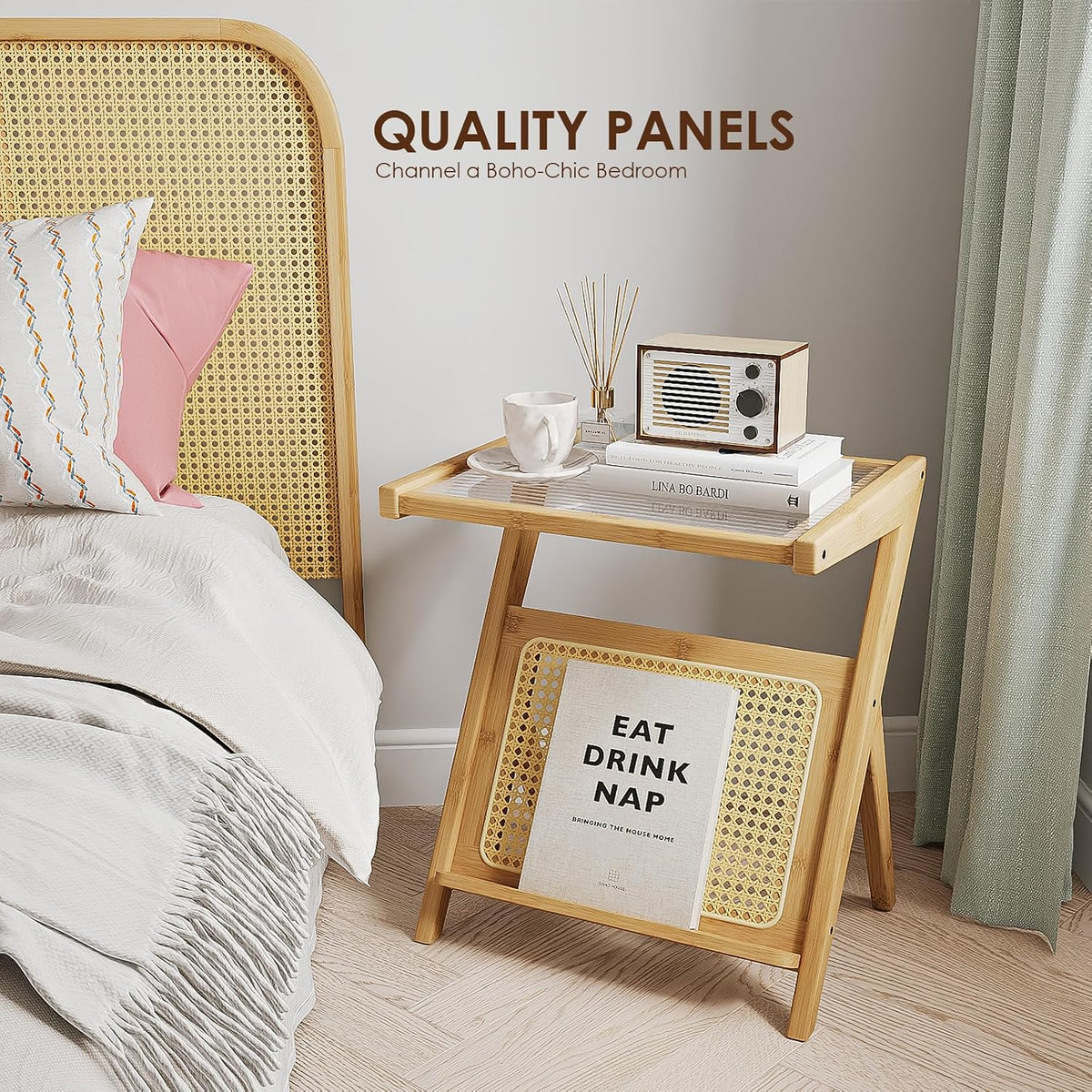 Rattan Side Table Boho Nightstand with Storage Shelf