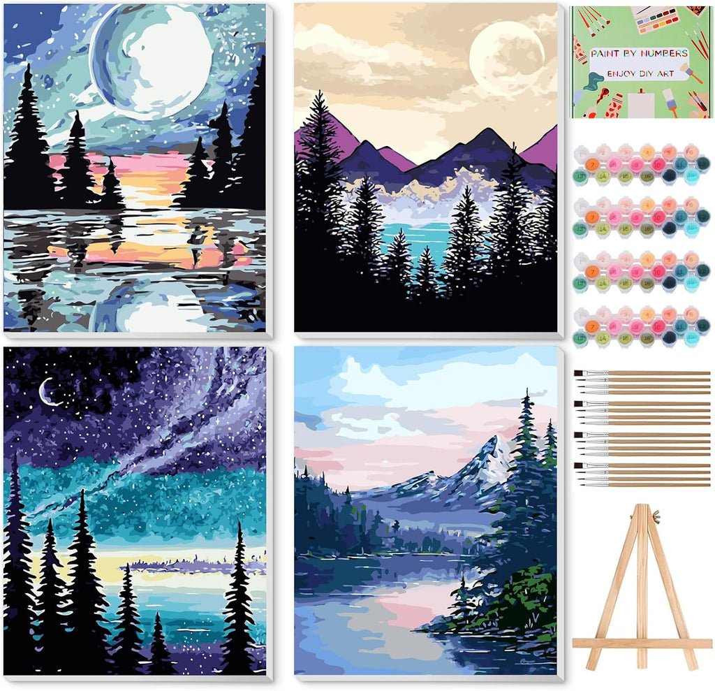 Paint by Numbers Kit for Adults with Framed Canvas 4 Pack, Moon Night Paint by Number Arts Kits for Beginner with Wooden Easel, Acrylic Set, Brushes for Home Decor, 9 * 12 Inch