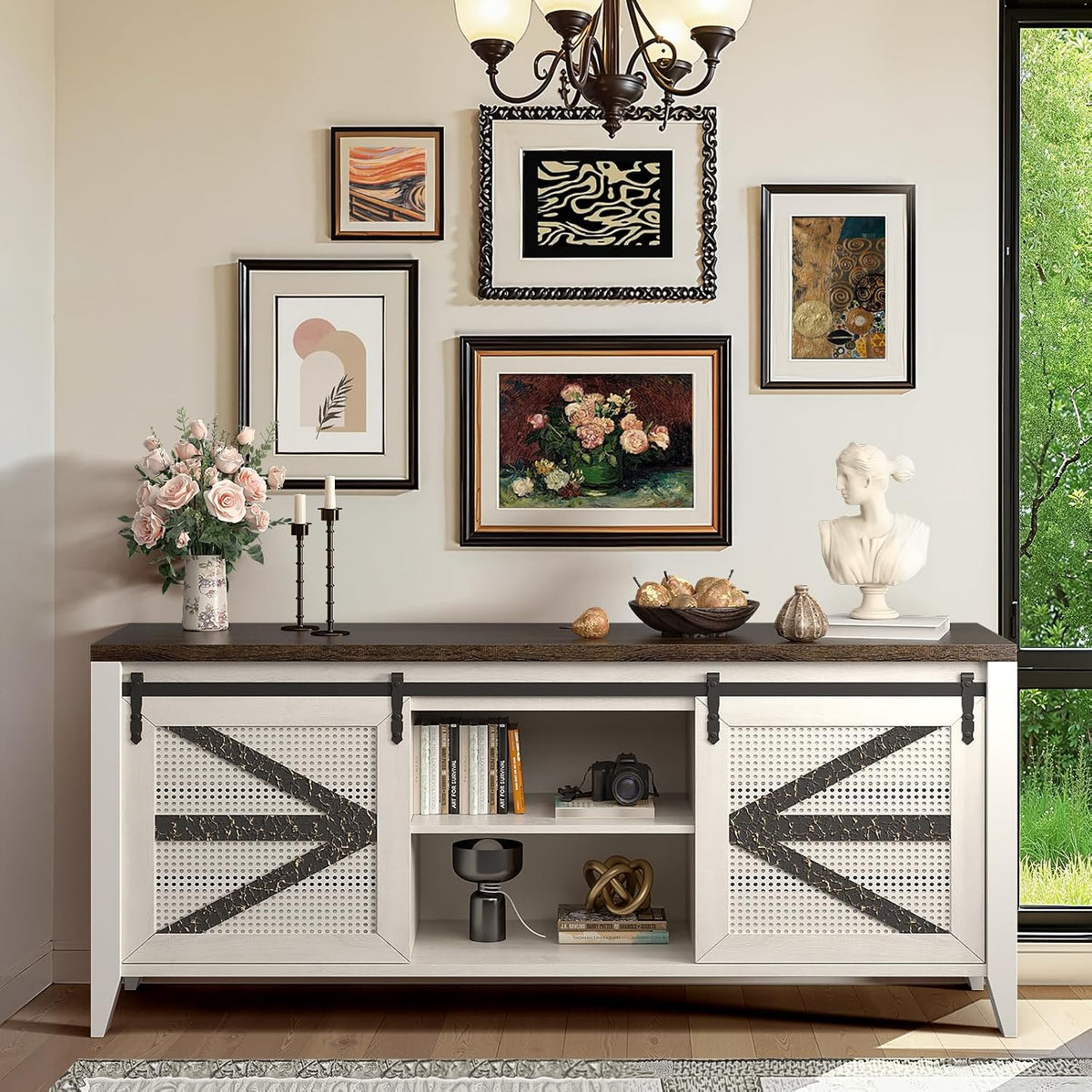 60 Inch TV Stand for TVs up to 65", Rustic Farmhouse Media Console with Sliding Barn Doors, 6 Drawers, Entertainment Center for Living Room