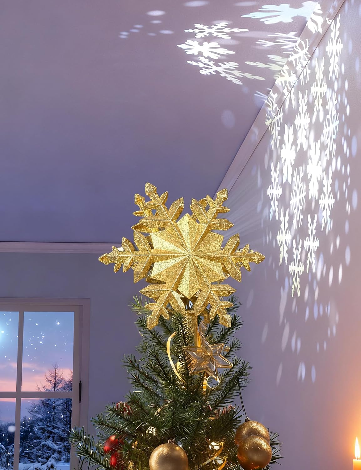 Direct Christmas Tree Topper with Rotating Snowflake Projector, Gold