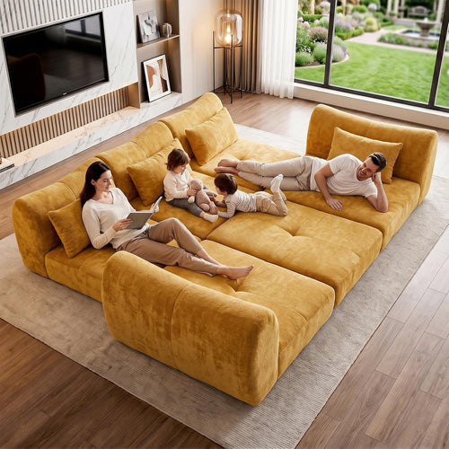 102" Modular Sectional Boneless Couch, Convertible Cloud Sofa Bed with Upholstered Deep Seat, Soft Deep Lounger for Living Room Playroom (Yellow)