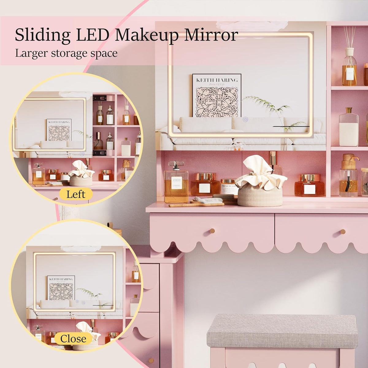 Pink Makeup Vanity Desk With 3 Color Touch Screen Lighted Sliding Mirror, Scalloped Large Vanity Table Set with Storage & Drawers Fluted Petal Pattern Dressing Table with Cushioned Stool for Bedroom