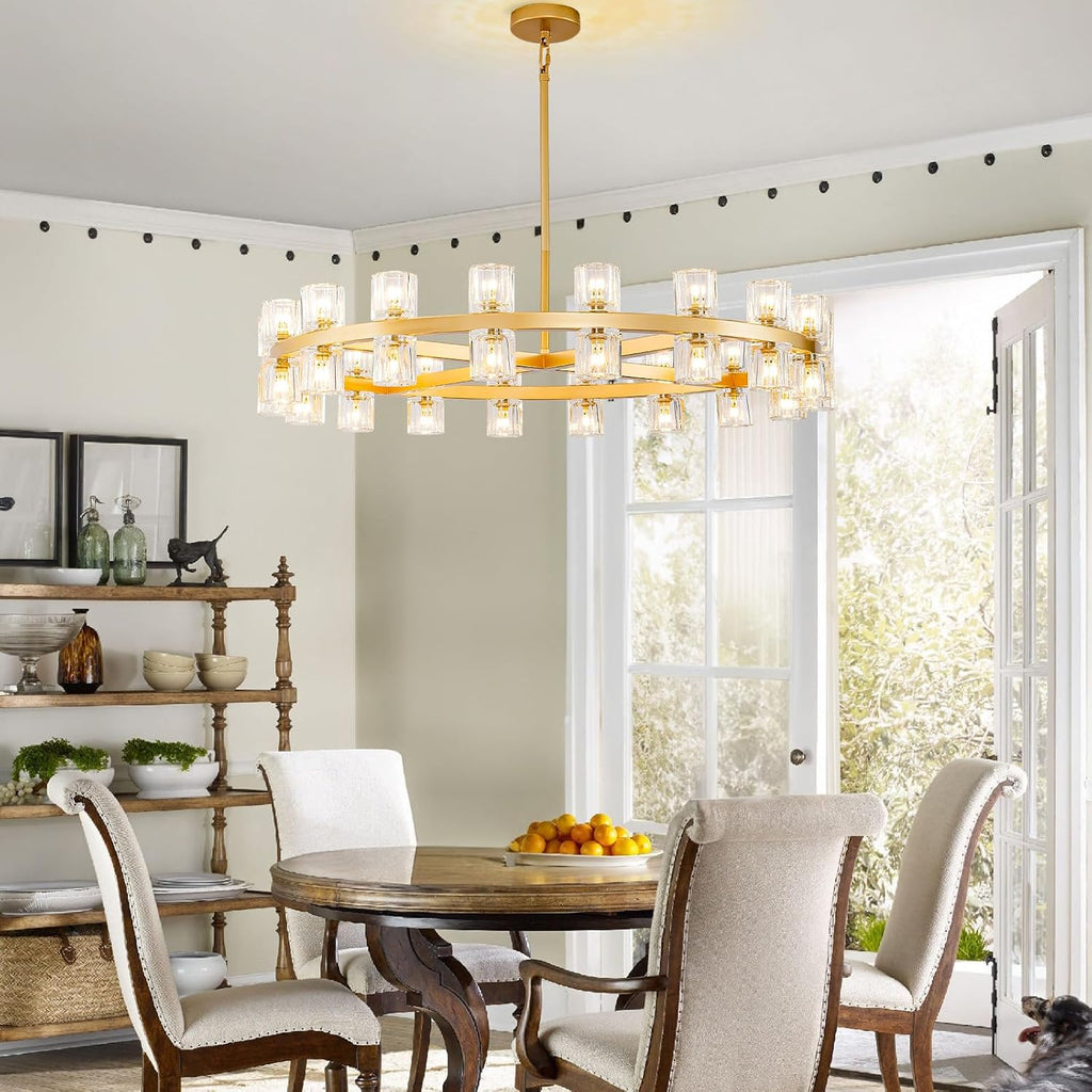 36 Inch Gold Wagon Wheel Chandelier with Crystal Shade, 36 Lights, Large Round Modern Farmhouse Style, Perfect for Living Room, Dining Room, Bedroom, Foyer, Bathroom