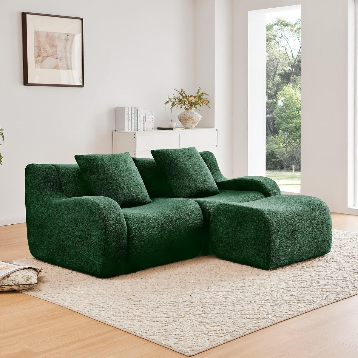 L-Shaped 2-Seat Boneless Sofa, Soft Teddy Fabric Couch, 32D High-Density Sponge, Ergonomic Curved Armrest, Non-Slip Base, No Assembly for Living Room or Bedroom, Green