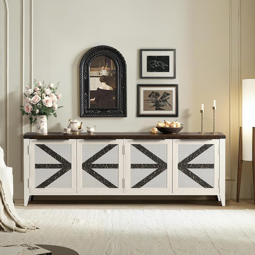 70 Inch Farmhouse TV Stand for 75 Inch TV, Rustic Entertainment Center with 4 Doors, Wood Media Console Cabinet with Storage, Living Room TV Cabinet