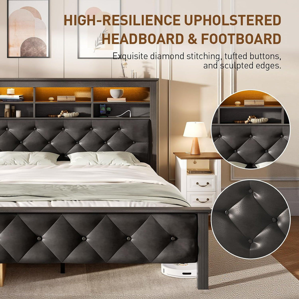 Farmhouse Queen Bed Frame with 51" Tall Headboard, Upholstered Queen Size Bed Frame with Storage, Charging Station and LED Light, Heavy Duty Wooden Slats, No Box Spring Needed，Black