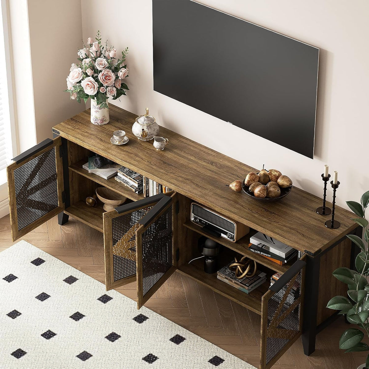 70 Inch Farmhouse TV Stand for 75 Inch TV, Rustic Entertainment Center with 4 Doors, Wood Media Console Cabinet with Storage, Living Room TV Cabinet