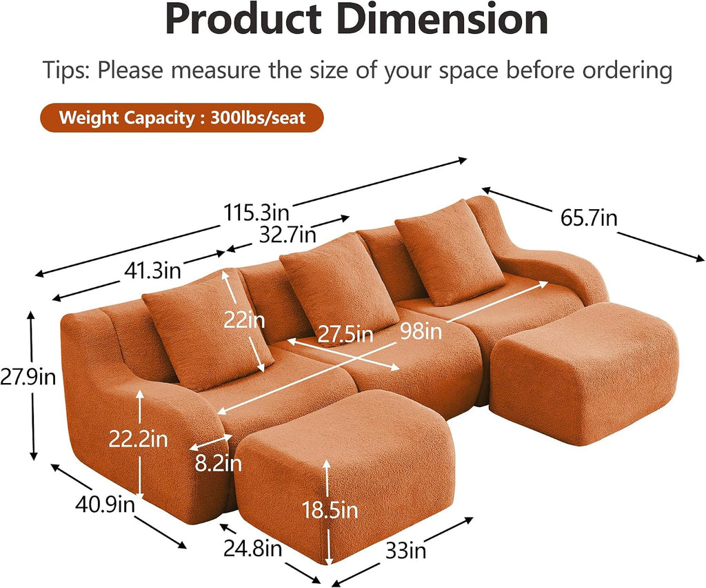 Modular Sectional Sofa for Living Room, 115.3" U-Shaped Orange Boneless Cloud Couch with 2 Ottoman, 3-Seat Teddy Fabric Sofa Deep Seat Curved Armrest,Streamlined Ergonomic Design