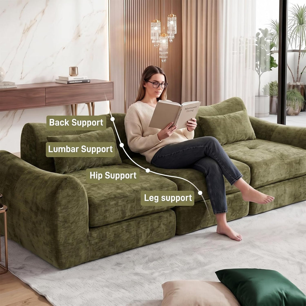 102" Modular Sectional Boneless Couch, Convertible Cloud Sofa Bed with Upholstered Deep Seat, Soft Deep Lounger for Living Room Playroom (Green)