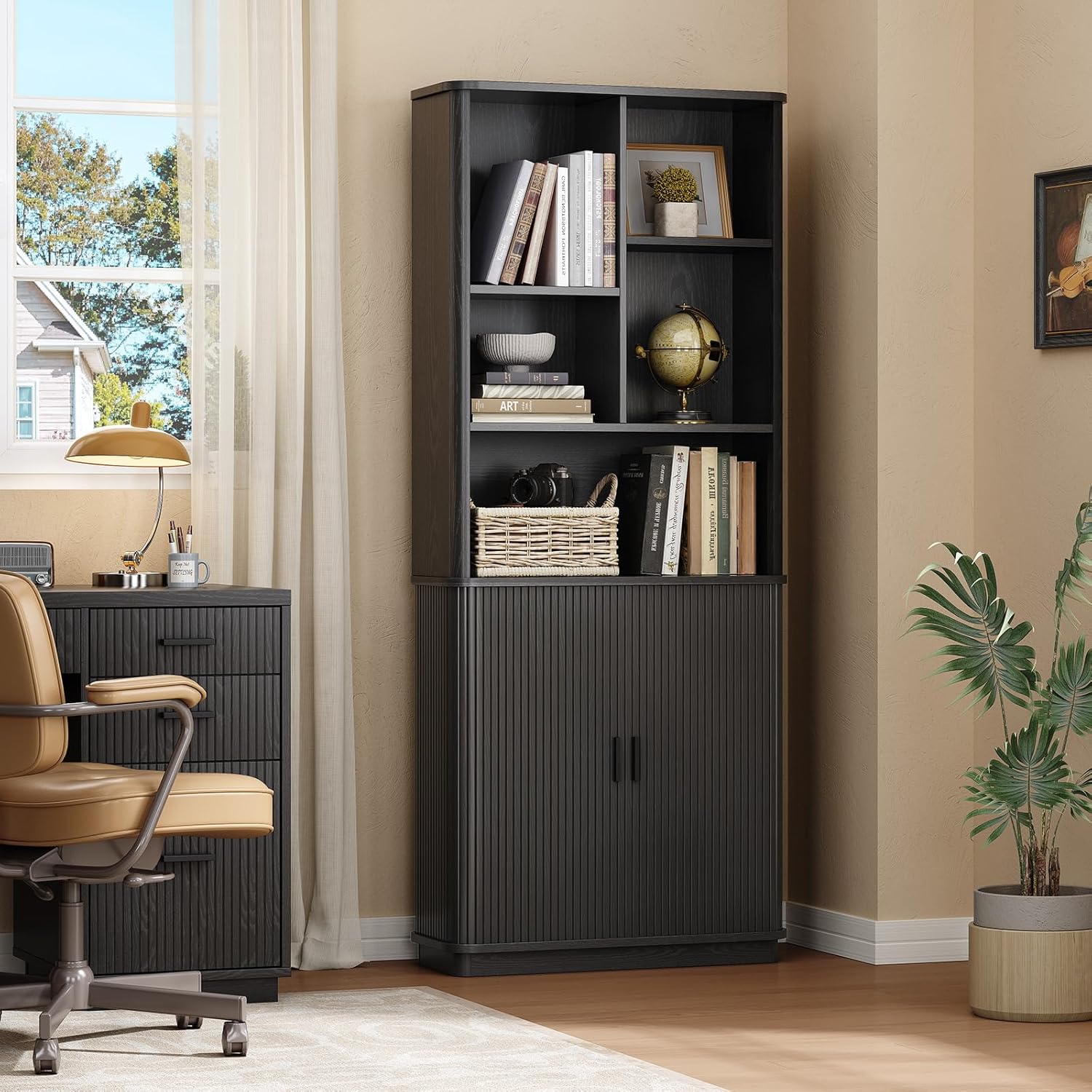71" Tall Cube Bookcase, Curved Bookshelf with Storage Cabinet & Adjustable Storage Shelf