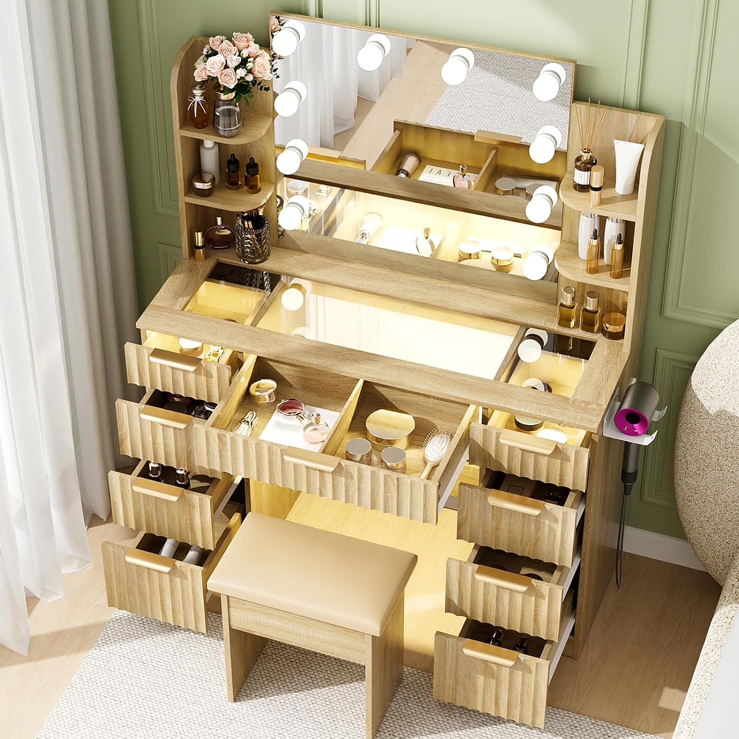 VOWNER Fluted Vanity with Mirror and Lights, 43" Glass Top Makeup Vanity Desk